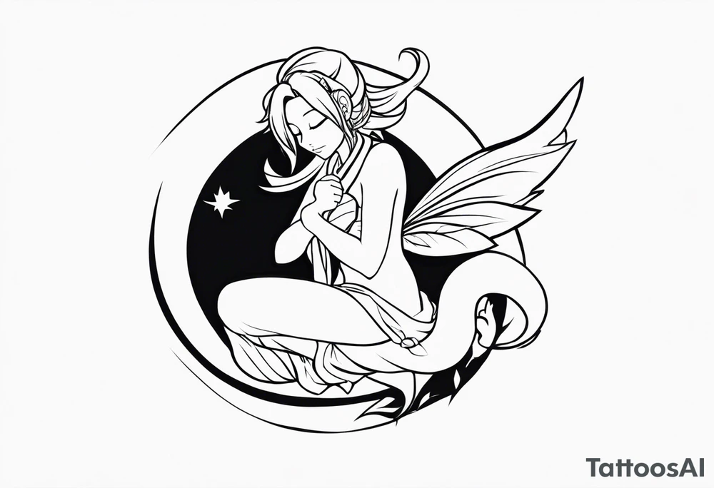 No color fairy with a tail inspired by the logo of the anime show called Fairy Tail in a fetal position leaning in and forward while sleeping tattoo idea