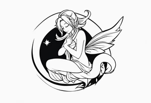No color fairy with a tail inspired by the logo of the anime show called Fairy Tail in a fetal position leaning in and forward while sleeping tattoo idea