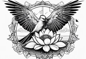 Broken chains with lotus flower and bird flying tattoo idea