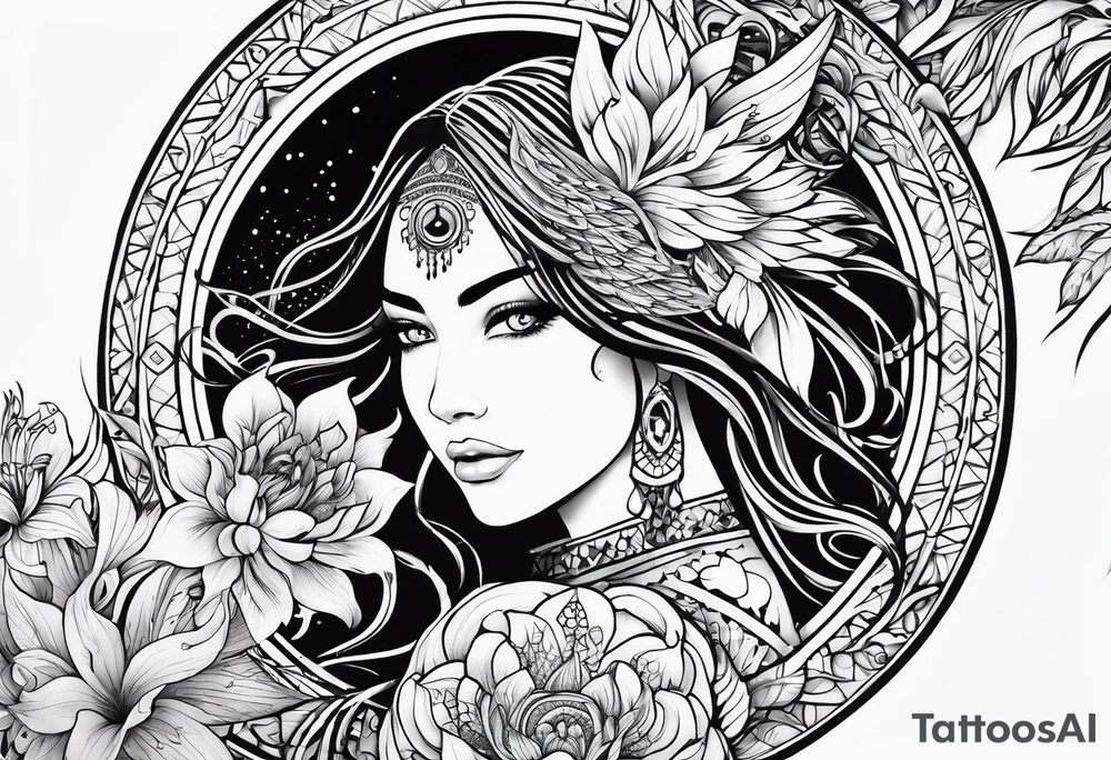 Woman's sleeve tattoo, tribal, bohemian, negative lace, ancient symbolism with Phoenix rising, mandala sun, beautiful flowers, lilies tattoo idea