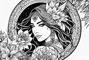 Woman's sleeve tattoo, tribal, bohemian, negative lace, ancient symbolism with Phoenix rising, mandala sun, beautiful flowers, lilies tattoo idea