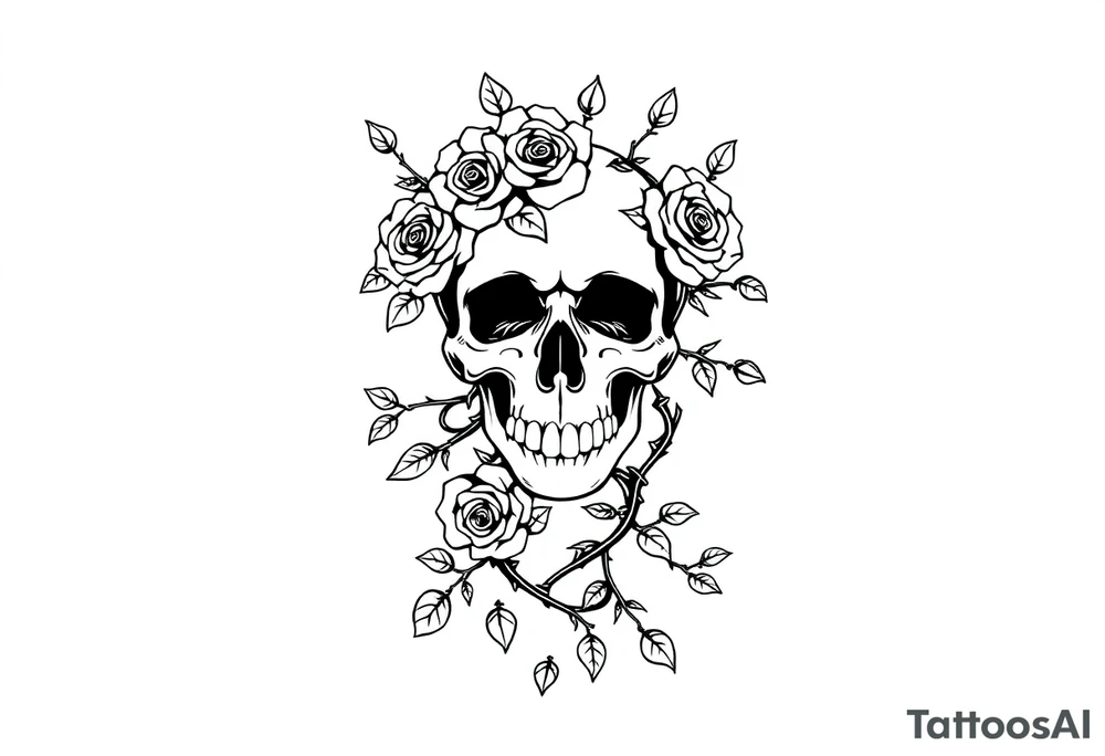 gothic skull intertwined with climbing roses and thorny vines simple tattoo idea