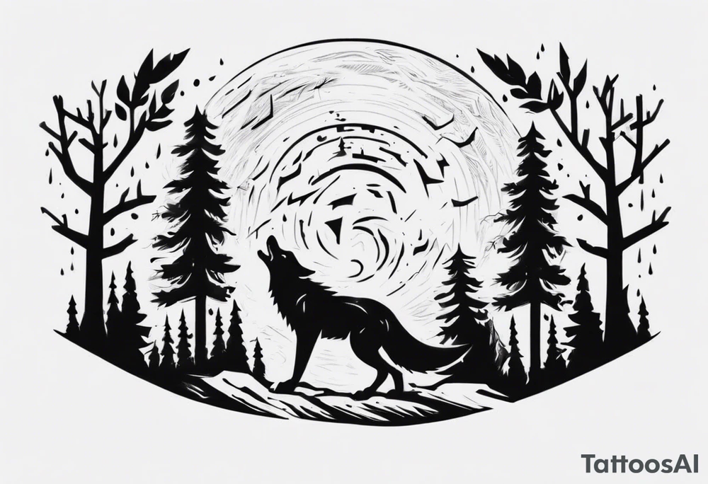thunderstorm over a forest with a wolf howling on drums tattoo idea thunderstorm over a forest with a wolf howling on drums tattoo idea