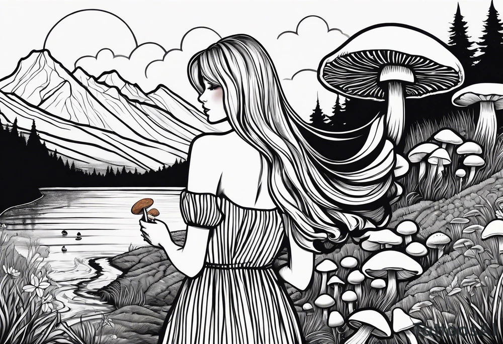 Straight long blonde hair girl in distance holding mushrooms in hand facing away toward mountains and creek surrounded by mushrooms black and white striped dress tattoo idea