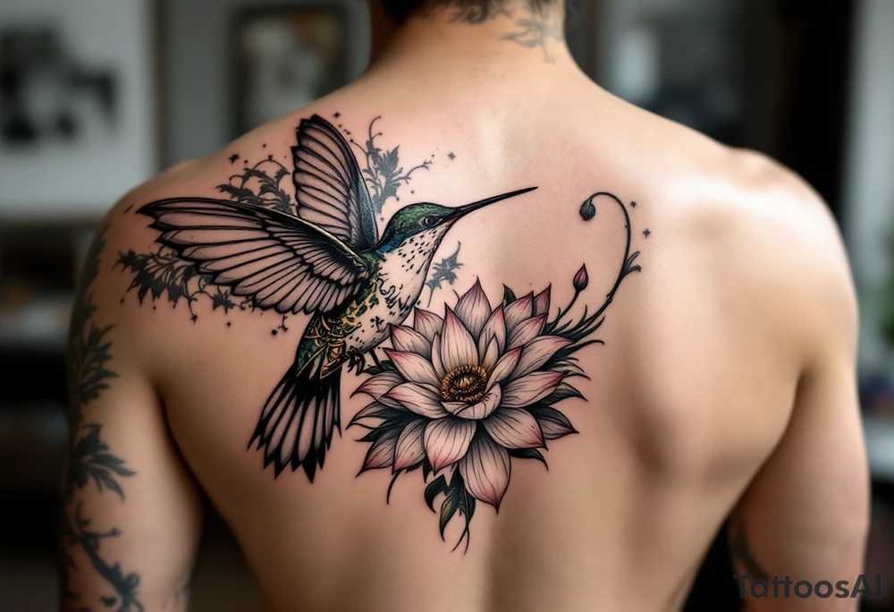 hummingbird and lotus flower, egyptian theme tattoo idea