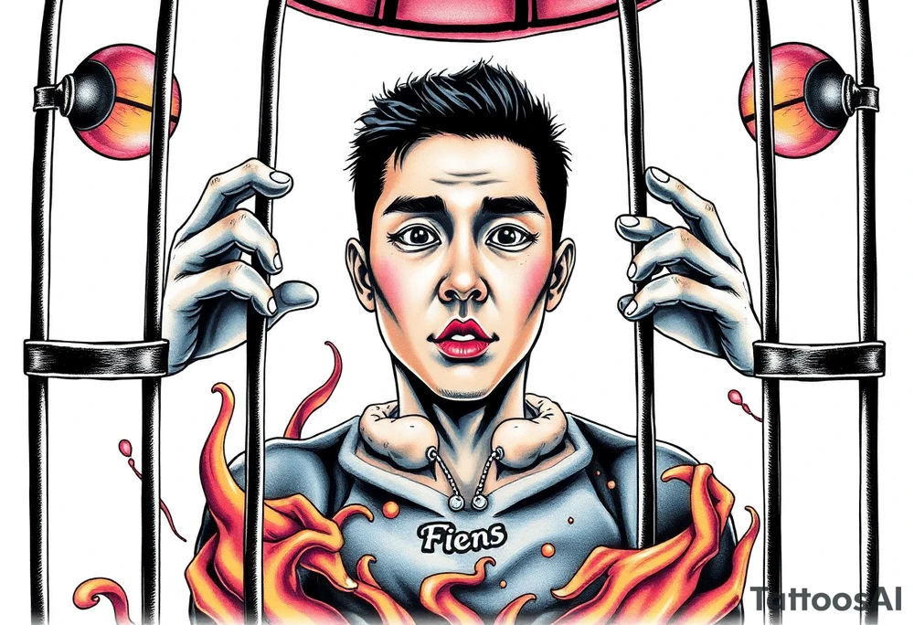 Handsome Asian young guy in cage with fears tattoo idea