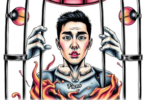 Handsome Asian young guy in cage with fears tattoo idea