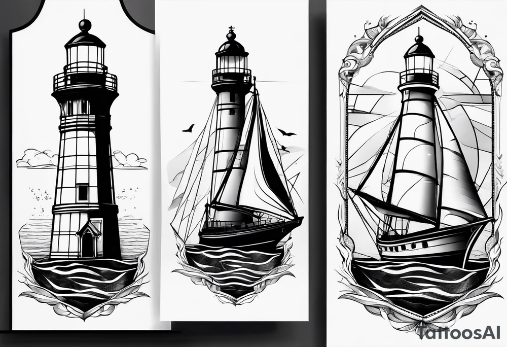 phare maritime dans un bateau a voiles. tattoo idea