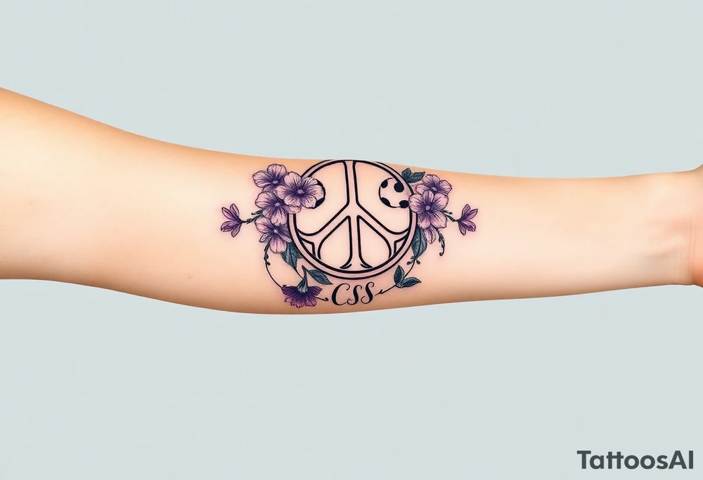 peace symbol, dog prints, Pisces symbol, intertwined with violets, amethyst, initials csb in cursive font tattoo idea
