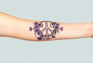 peace symbol, dog prints, Pisces symbol, intertwined with violets, amethyst, initials csb in cursive font tattoo idea