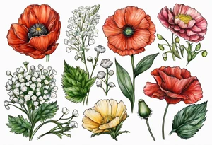 Carnation, primrose, daisy, daisy, lily of the valley, poppy, poppy, poppy, aster, norcissus together tattoo idea