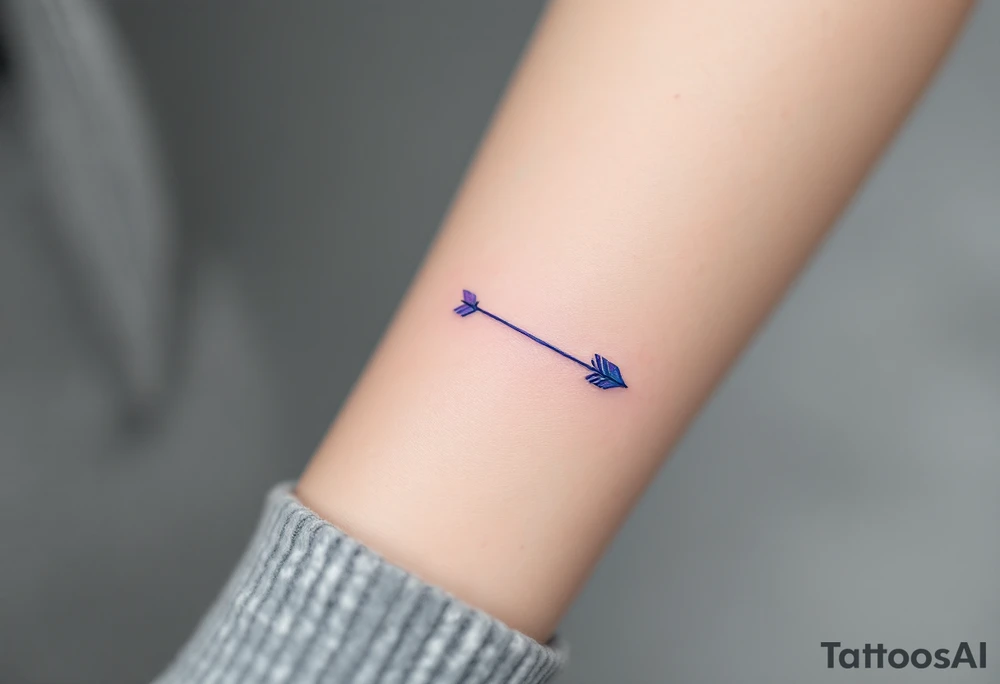 A thin, geometric arrow in soft watercolor shades of blue and purple, creating a dreamy, ethereal effect. tattoo idea