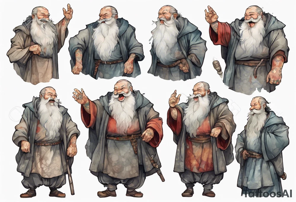 full portrait a large medieval man with a grey beard laughing tattoo idea