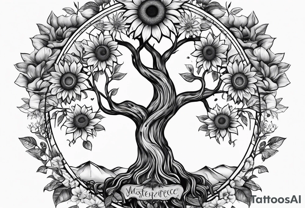 Feminine Yggdrasil tree with sunflowers tattoo idea