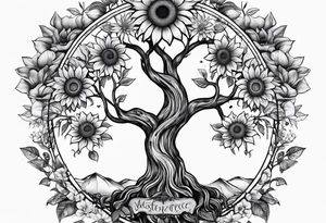 Feminine Yggdrasil tree with sunflowers tattoo idea