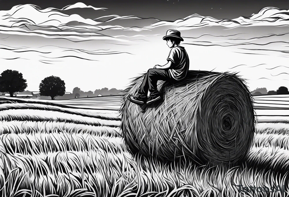 A boy sitting on top of a twisted bale of hay in a field where you can see the same bales of hay in the distance, and a tattoo idea