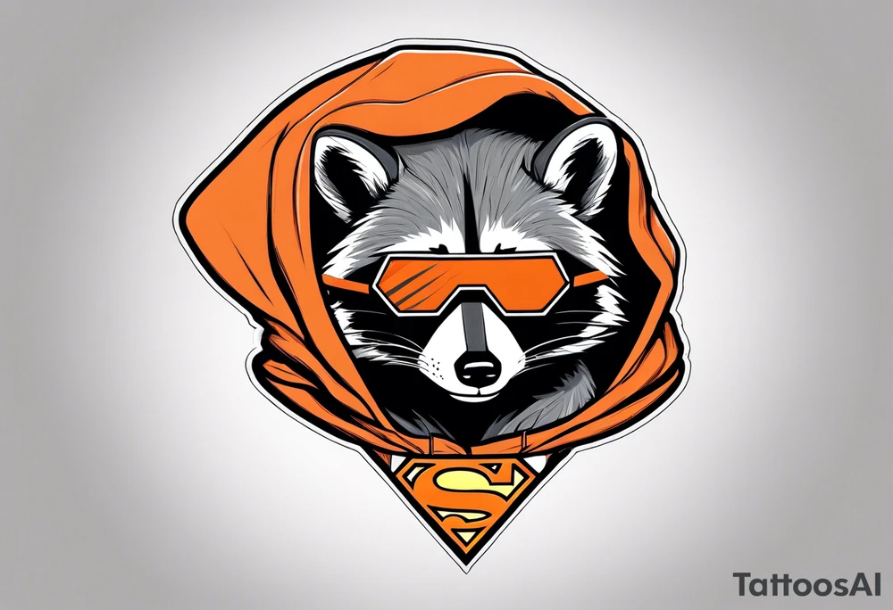 Raccoon wearing an orange Superman hoodie tattoo idea