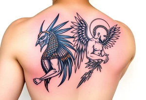 Anubis and a Guardian Angel Back to Back (only red , blue and black are possible colors) tattoo idea