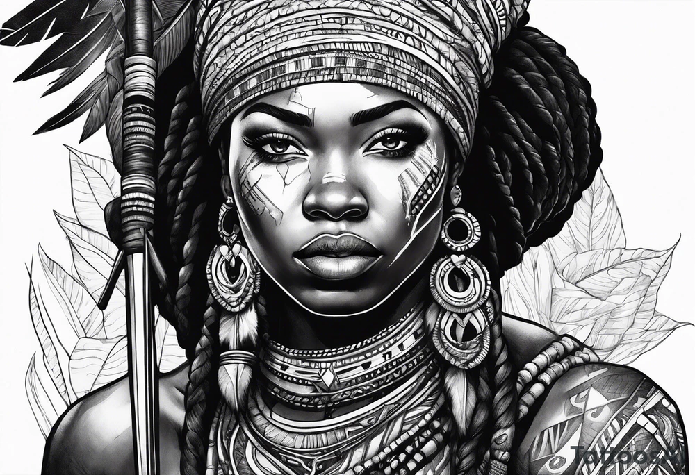 African woman warrior with tribe scars and spear in hand with animals in background tattoo idea