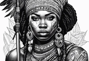 African woman warrior with tribe scars and spear in hand with animals in background tattoo idea