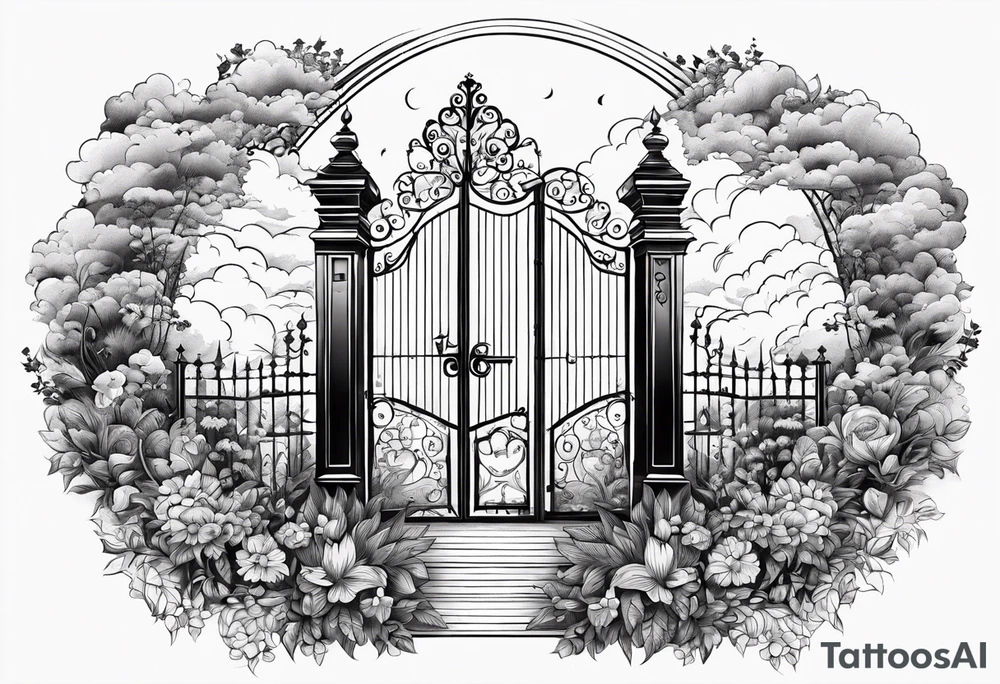night town garden gate entrance
in circle vignette surrounded by clouds floral tattoo idea