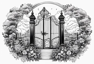 night town garden gate entrance 
 in circle vignette surrounded by clouds floral tattoo idea