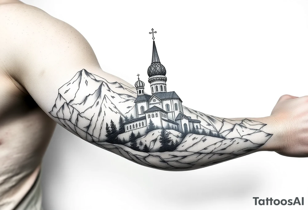 russian orthodox christian left arm tattoo with st basils cathederal in a mountainous setting tattoo idea
