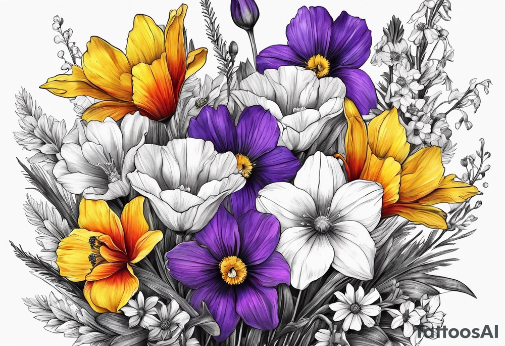 Wild flower bouquet with Violet, Daffodil, Gladiolus, Poppy, Cosmos tattoo idea
