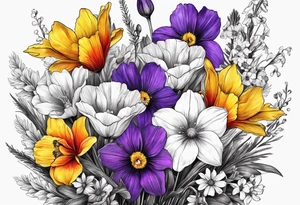 Wild flower bouquet with Violet, Daffodil, Gladiolus, Poppy, Cosmos tattoo idea