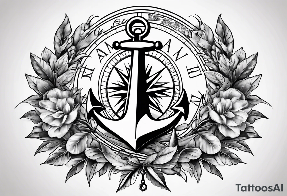 A selucid style anchor in front of a compass and a olive branch wreathe wrapped around the compass tattoo idea