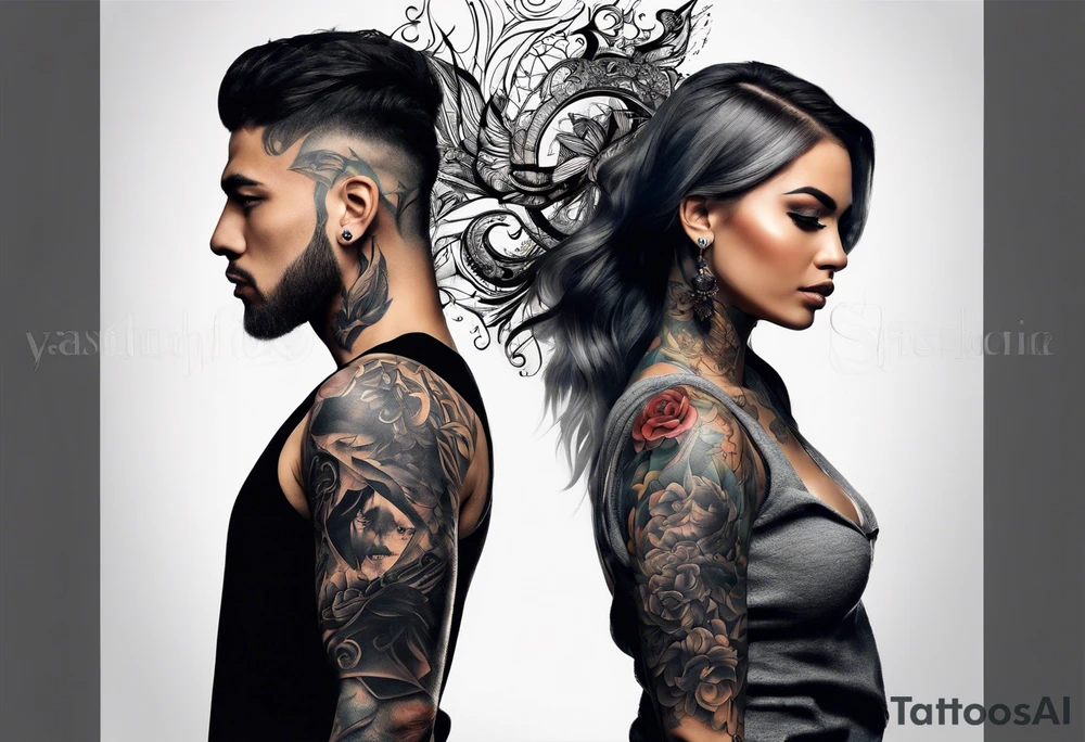2 Black shadows of people standing over 2 wounded black shadows of people tattoo idea
