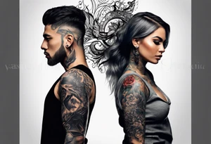 2 Black shadows of people standing over 2 wounded black shadows of people tattoo idea