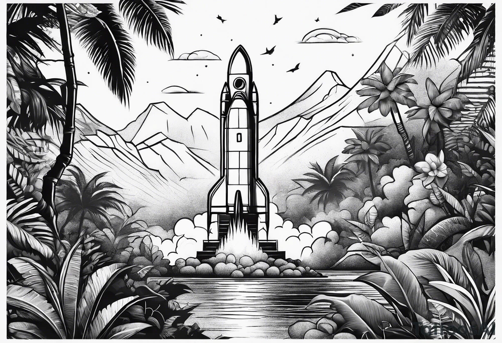 a rocket in middle of jungle line art tattoo idea
