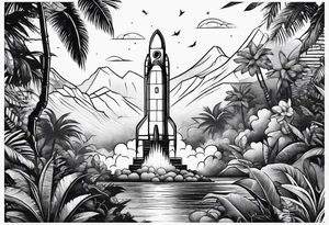 a rocket in middle of jungle line art tattoo idea