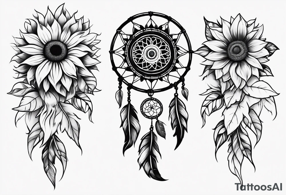 Dreamcatcher and sunflowers forearm sleeve tattoo idea