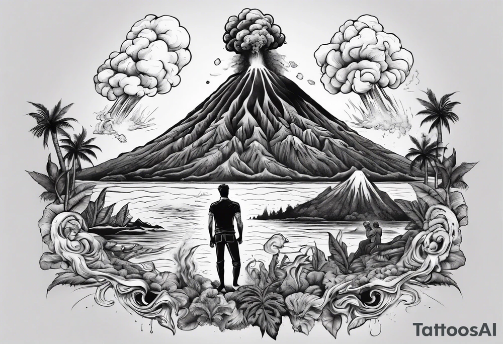 A man battling an erupting volcano on a tropical island tattoo idea
