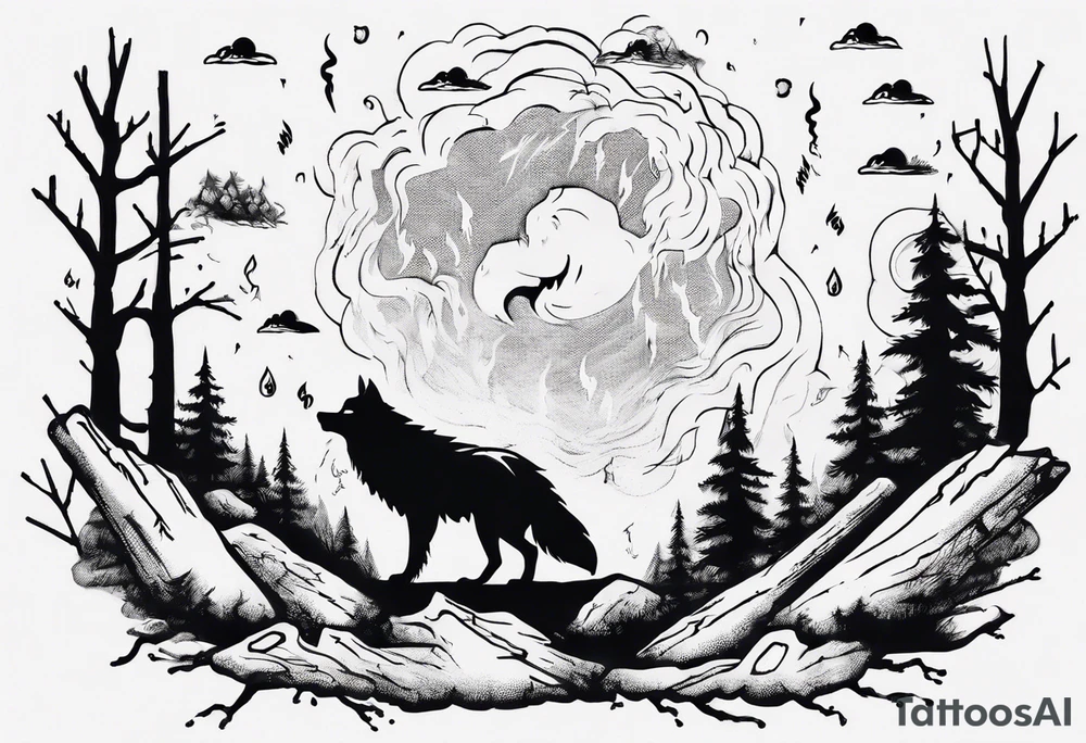 thunderstorm over a forest with a wolf howling on drums tattoo idea