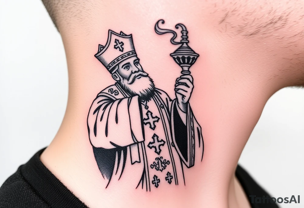 Russian Orthodox Priest in fully detailed vestment swinging a censer with smoke curling upward tattoo idea