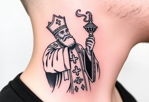Russian Orthodox Priest in fully detailed vestment swinging a censer with smoke curling upward tattoo idea