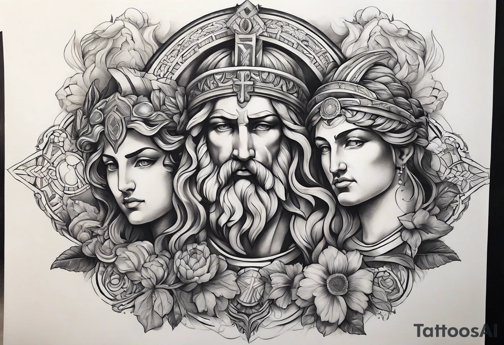 religious theme with some greek gods shoulder piece tattoo idea