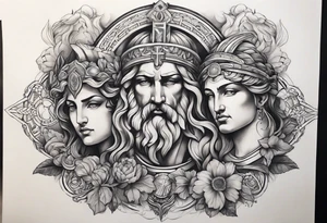 religious theme with some greek gods shoulder piece tattoo idea