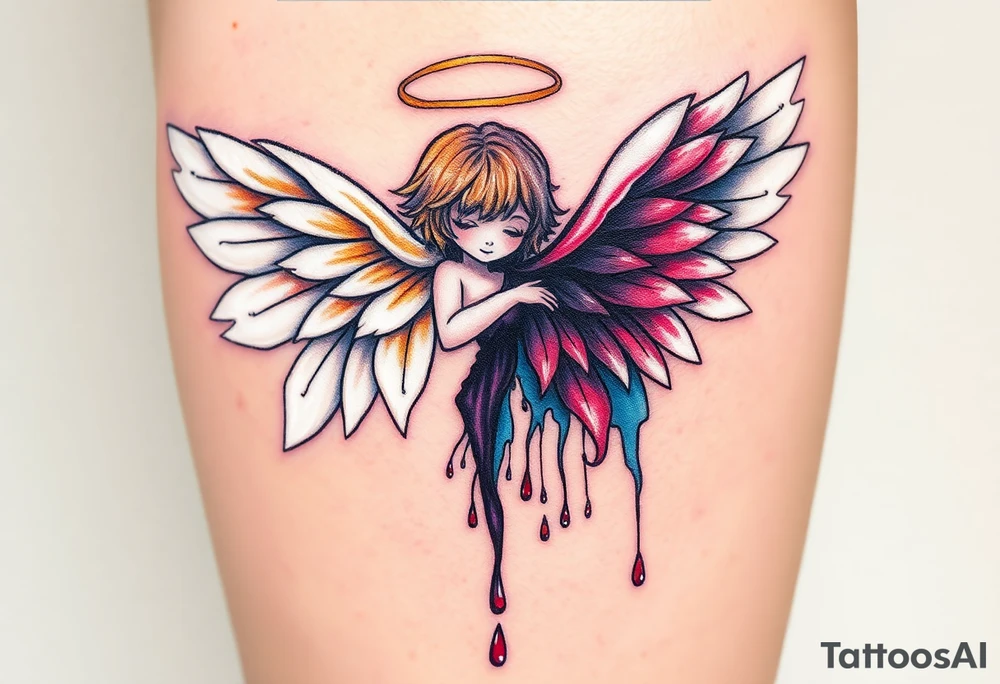 angel, with brilliant white wings that shine with golden accents ageinst fallen angel, whose wings are tattered and darkened with deep purples, reds, and blacks, dripping with sorrowful tears of blood. tattoo idea