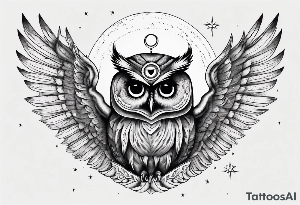 Wise Crowned Owl with the third eye flying towards the Dark Moon. tattoo idea