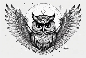 Wise Crowned Owl with the third eye flying towards the Dark Moon. tattoo idea