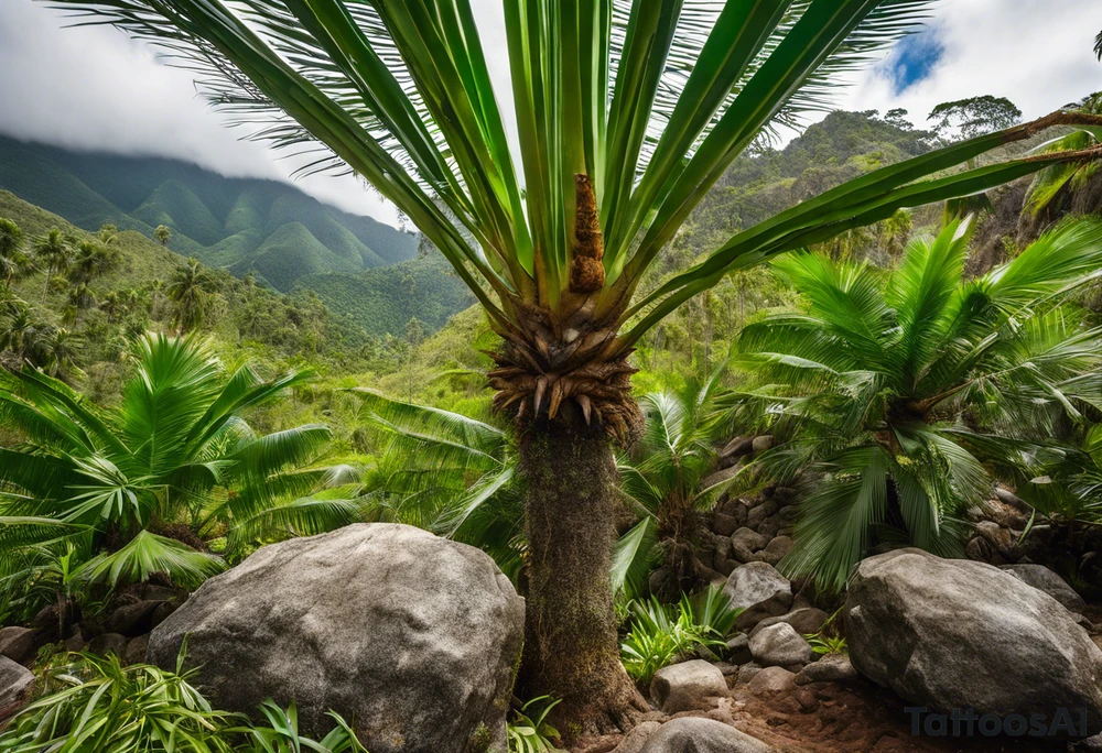 A striking Gachala emerald sits at the base of a tall quindio wax palm, which grows resiliently from cracks in rugged, rocky soil. The emerald is the main focal point, symbolizing strength and endurance, while the wax palm, rooted in the soil’s crevices, represents growth and resilience. A small water stream flows gently from the rocks, adding an element of life and nourishment. tattoo idea
