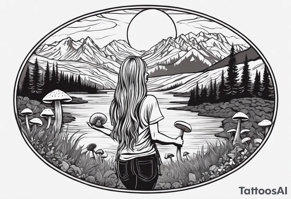Whole picture encircled fully

Straight long blonde hair hippie girl in distance holding mushrooms in hand facing away toward mountains and creek surrounded by mushrooms tee shirt and hiking pants; whole rendering within a full circle, no cut off circle tattoo idea