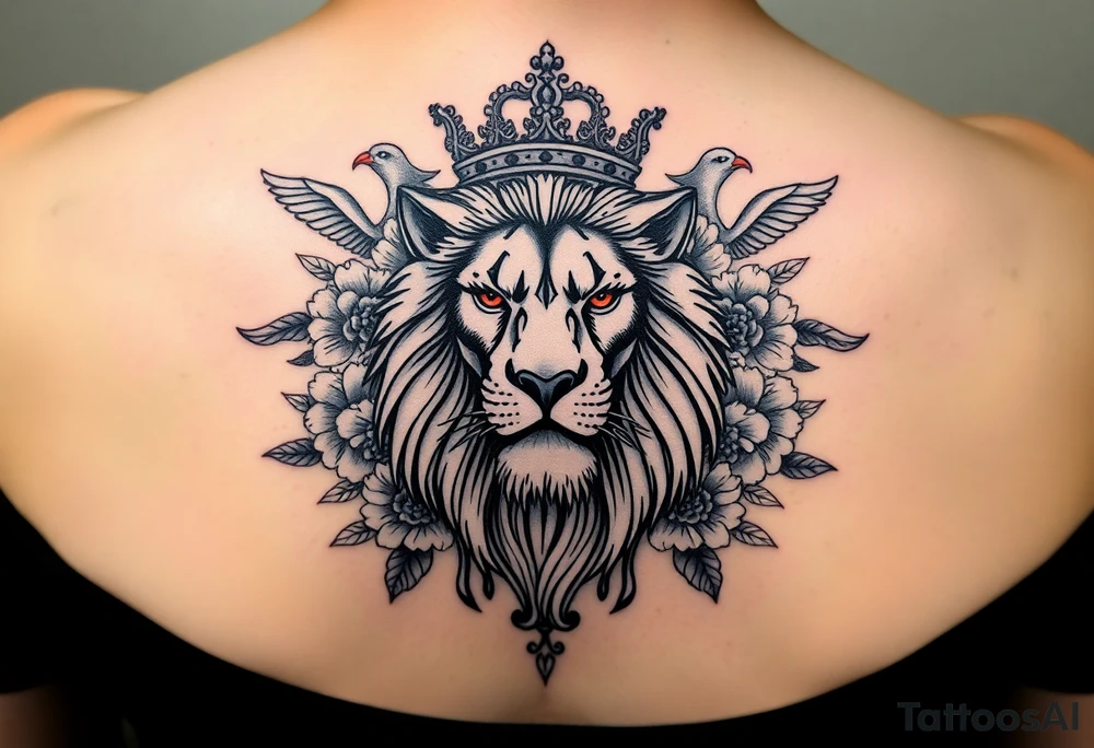 powerful majestic lion with a crown, surrounded by floral ornaments and birds tattoo idea