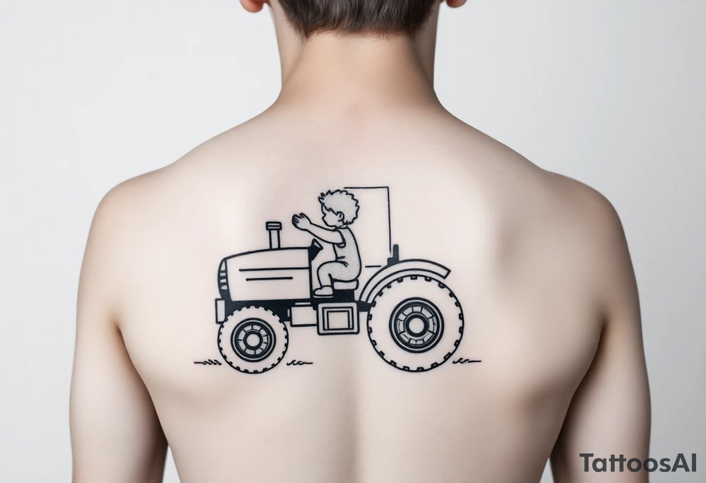 minimalist back view of curly headed toddler son riding a toy tractor with a geometric frame tattoo idea