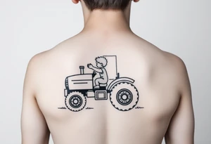 minimalist back view of curly headed toddler son riding a toy tractor with a geometric frame tattoo idea