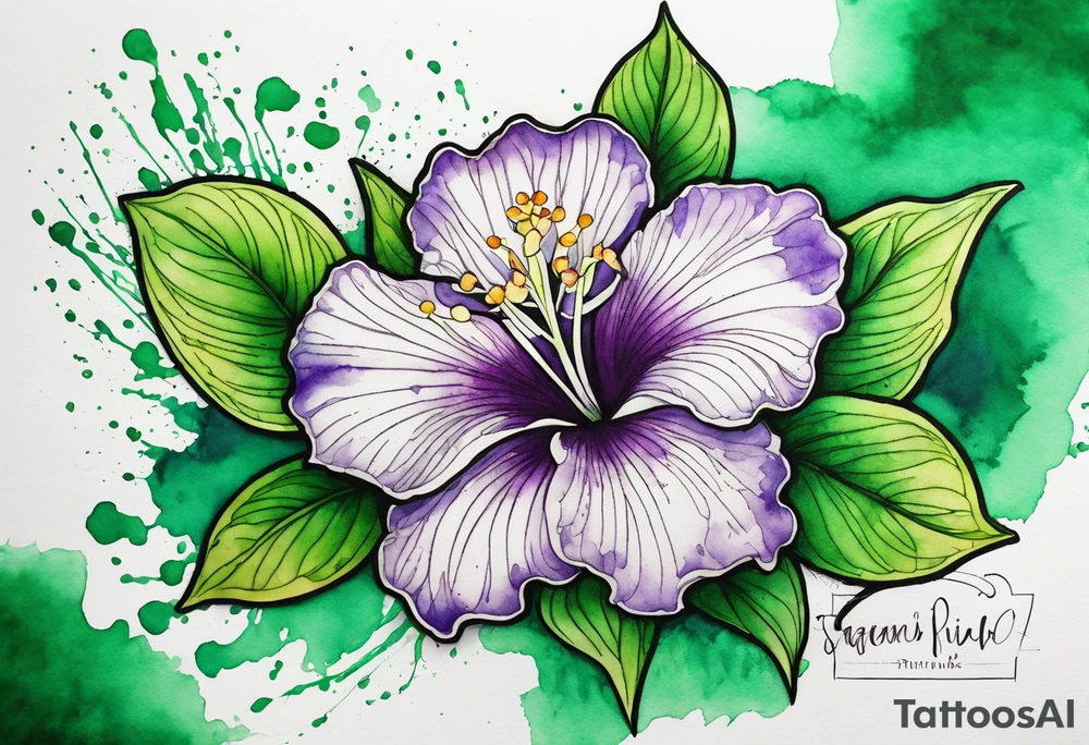 An outline of an only green rio dipladenia flower and a green/purple watercolor splash in the background tattoo idea